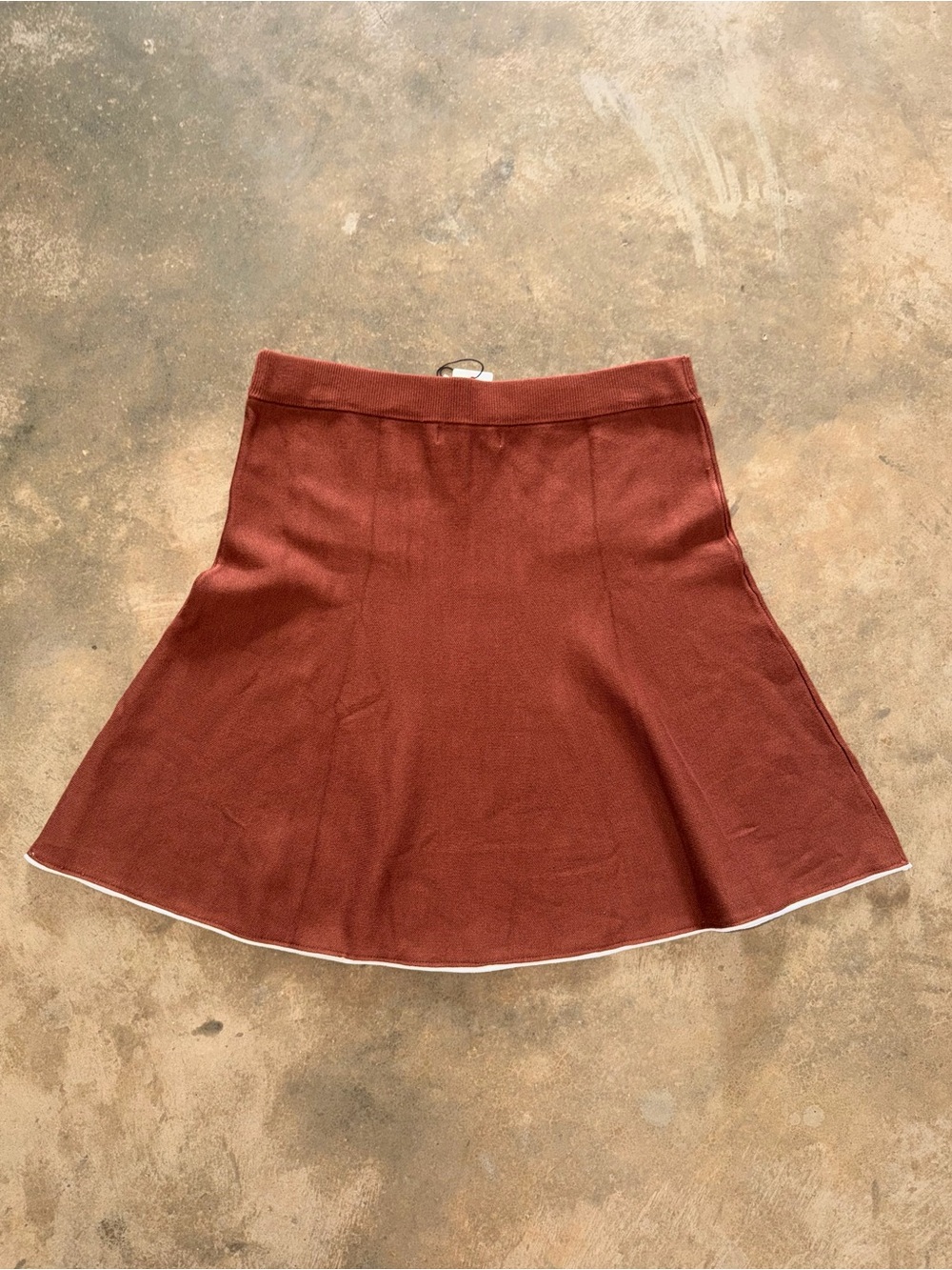 NWT Kate Kasin XL Coffee Brown Knit A-Line Skirt White Trim Preppy Mini - Picture 2 of 9